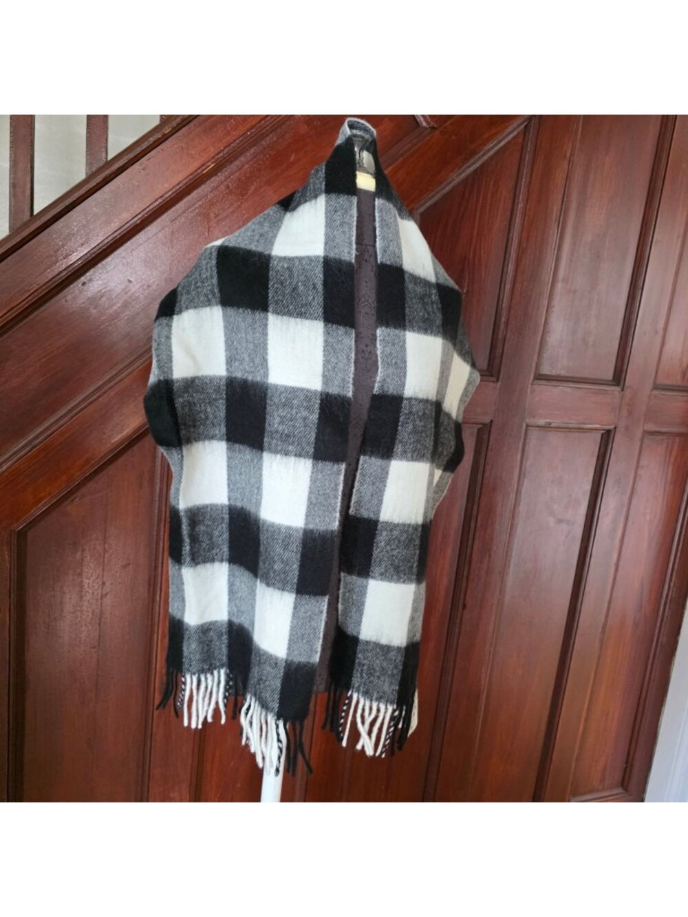 Cashmere Feel Black & White Buffalo Plaid Acrylic Scarf With Fringe 11" X 66"